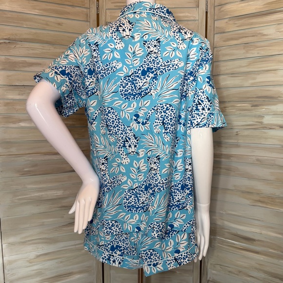 Printfresh + Anthropologie City Cats blue leopard print pajama shorts set NWOT - Picture 4 of 11